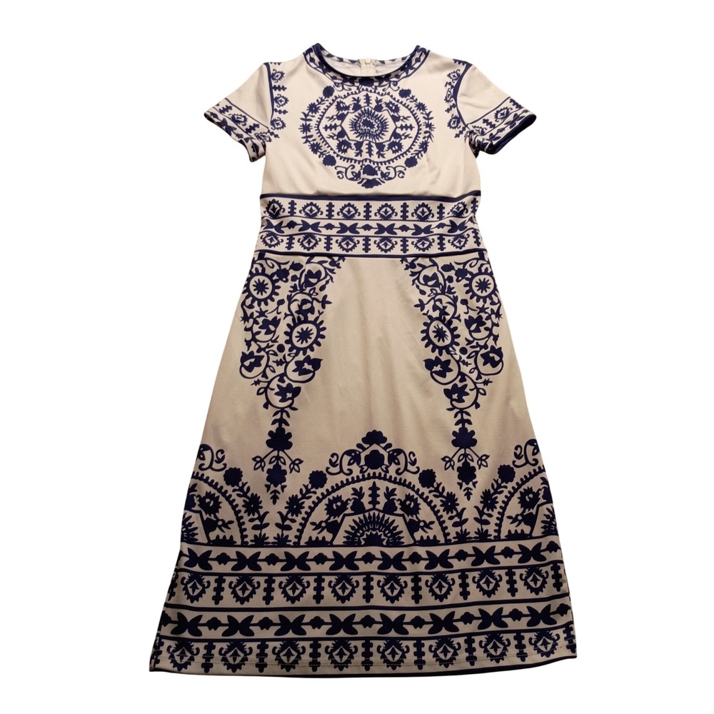 Blue and White Porcelain Print Short Sleeve Maxi Dress Floral Mandala Tile NWOT